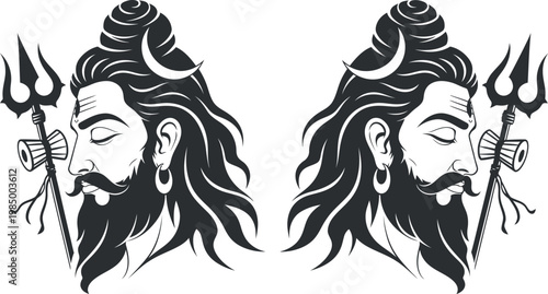 A black and white illustration of two identical depictions of the hindu god shiva with a trident