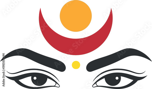 An illustration of a hindu goddess face with a bindi between her eyebrows and a third eye symbol above her eyebrows, often associated with spiritual awakening.