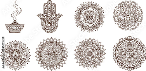 A collection of mandalas and a hand with an incense burner
