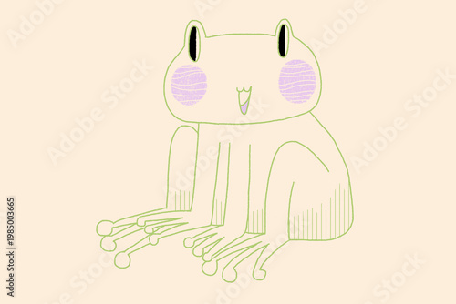 Cute green frog illustration, hand-drawn minimalist sketch style with acrylic pencil texture on beige background. Whimsical animal character for design