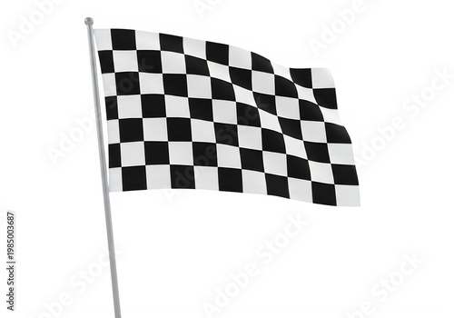 A black and white checkered flag waving in the wind on a pole isolated on transparent background