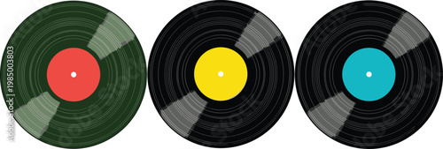 Set of Classic Vinyl Record Icons Featuring Colorful Center Labels and Glossy Grooved Surface Designs for Retro Music Studio Audio Equipment Retail and Nostalgic Entertainment Graphic