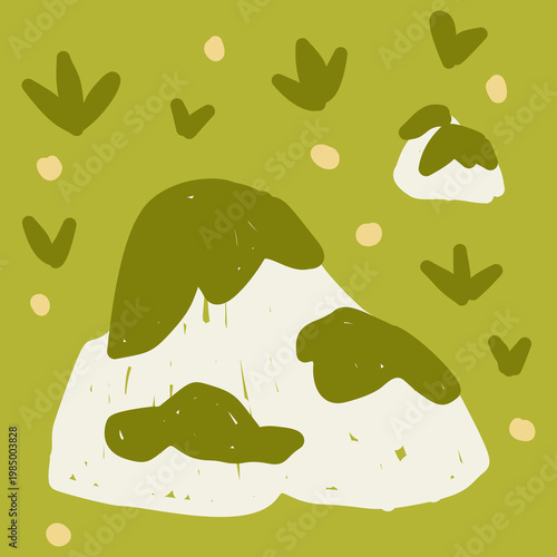 Hand Drawn Isolated Mossy Rocks and Forest Grass Elements in Earth Tones