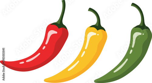 Set of Fresh Hot Chili Pepper Icons Featuring Red Yellow and Green Spicy Jalapeno Habanero and Cayenne Peppers for Mexican Food Culinary Arts and Healthy Cooking Graphic Designs