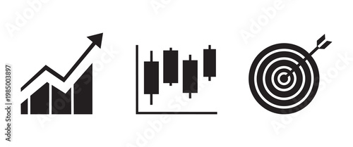 Stock Market Trading and Financial Analytics Icon Set with Candlestick Chart and Growth Target