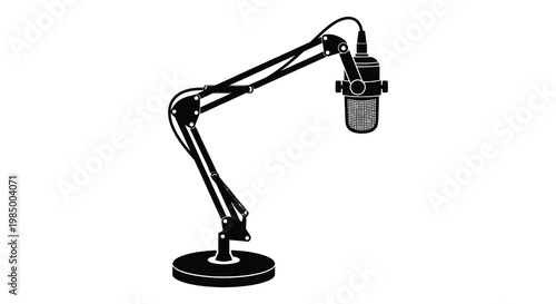 A black microphone on a boom arm stand presented as a silhouette