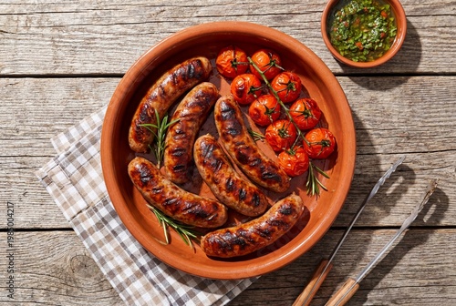 Top View of BBQ Sausages with Fresh Herbs and Roasted Vegetables