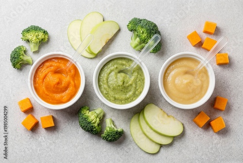 Assorted Organic Baby Food Purees with Fresh Ingredients on Grey Stone Background