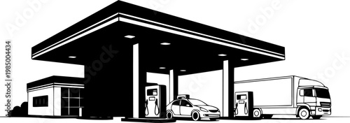Black and white vector illustration of a gas station with car and truck
