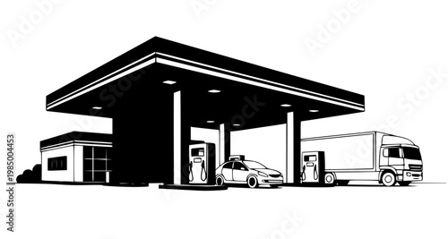 Black and white vector illustration of a gas station with car and truck