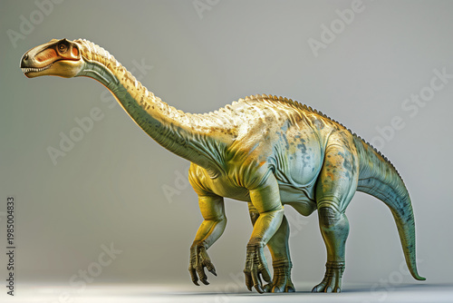 Full body profile of a herbivorous long-necked dinosaur standing on a neutral grey studio background. Realistic prehistoric creature with detailed skin texture