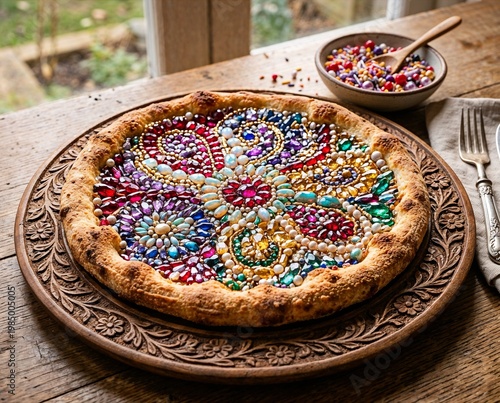 Colorful decorative pizza with vibrant gemstone toppings on a wooden table