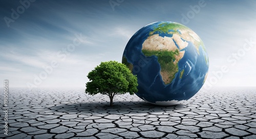 Tree alongside globe on cracked earth symbolizing climate change  