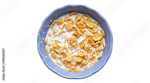 Obraz na płótnie Blue ceramic bowl filled with golden corn flakes and creamy milk, isolated on tr