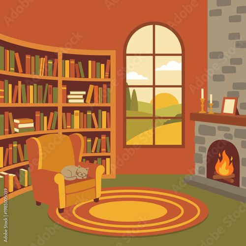 Cozy library room interior with bookshelves fireplace and cat vector