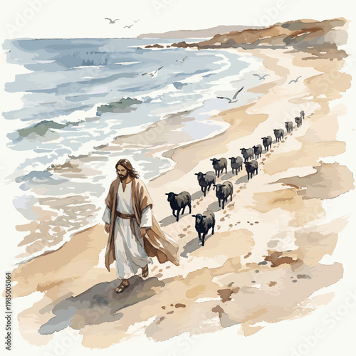 Biblical shepherd walking with sheep along the coastline vector
