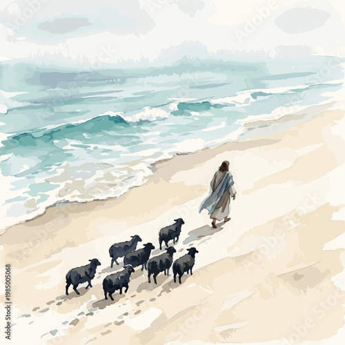 Jesus Christ leading a flock of sheep on the beach shore vector