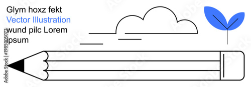 Creativity, education materials, eco-friendly , sustainability, environmental awareness, graphic design. Pencil with a floating cloud and blue leaf. Creativity and education materials concept