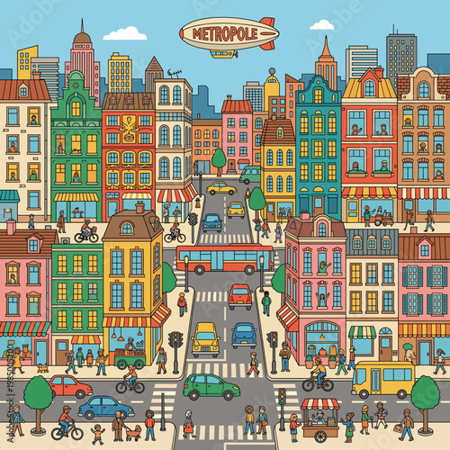 Busy European city street with historic buildings and people vector
