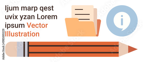 Education, office work, file organization, digital communication, stationery tools, and data management. A file folder, pencil and info icon are . Education and office work