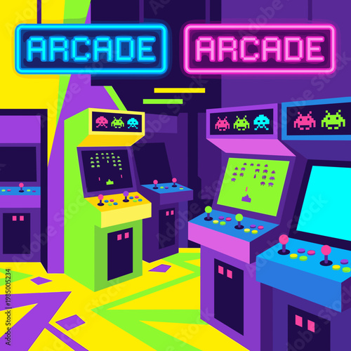 Retro arcade game room interior with neon lights and machines vector