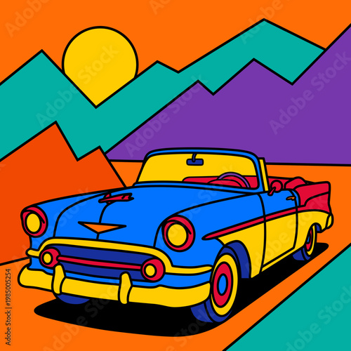 Retro blue convertible car driving in mountain landscape vector