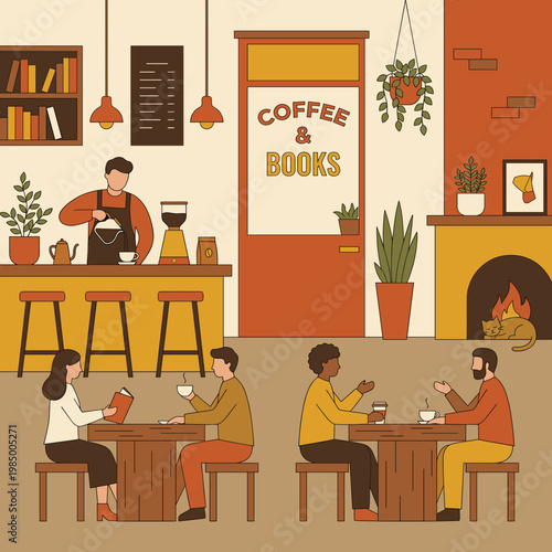 Modern coffee shop counter with barista and customers vector