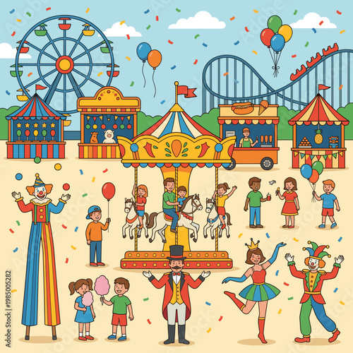 Amusement park fairground with carousel ferris wheel and crowd vector
