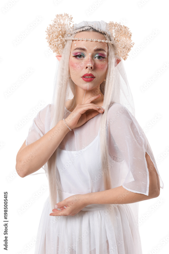 Fototapeta premium Portrait of beautiful elf girl on white background