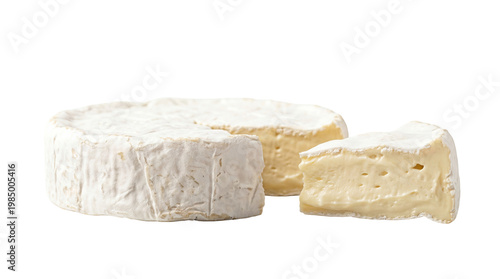 Slika na platnu Whole brie cheese wheel with a slice cut out, isolated on transparent background