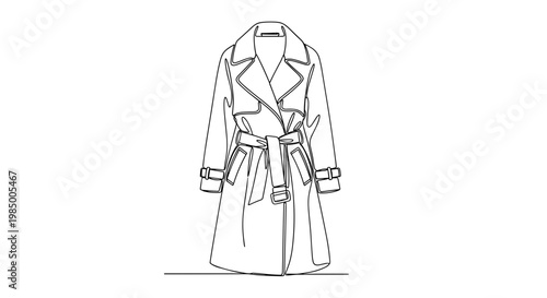 Continuous single stroke classic trench coat sketch in dark contour representing elegant outerwear on transparent background