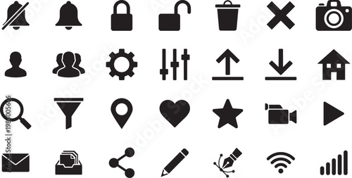 Set of 28 Essential UI and UX Vector Icons - Minimalist Solid Glyphs for Modern Web and Mobile App Design