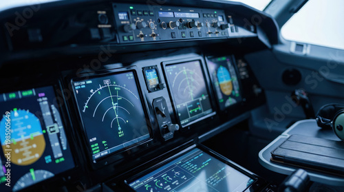The cockpit features various flight instruments and control panels. Screens display navigation data and flight information while crew members manage operations inside the aircraft