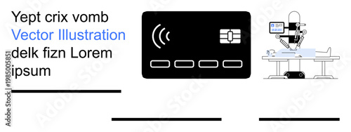 Digital payments, healthcare innovation, automation, robotics, advanced technology, AI development. Contactless card and robotic surgical machine graphic. Digital payments and healthcare innovation