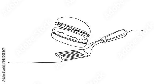 Continuous single stroke kitchen spatula and burger sketch in dark outline representing culinary preparation and fast food cooking on transparent background