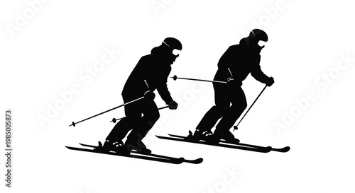Two skiers in action dynamically descending a slope depicted as a silhouette