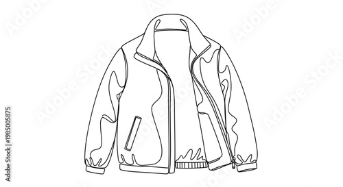 Continuous single stroke windbreaker garment sketch in dark outline representing casual urban fashion on transparent background