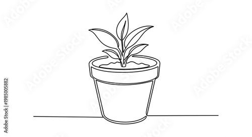 Unbroken stroke potted seedling sketch in dark contour representing domestic horticulture and botanical decor on transparent background