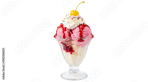 Konstfotografi Strawberry ice cream sundae with whipped cream cherry and sprinkles, isolated on
