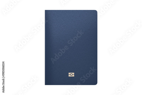Blank blue passport with biometric chip symbol on an isolated white background. Generic passport template mockup with no text, minimal design. Top view. Realistic 3D rendering.