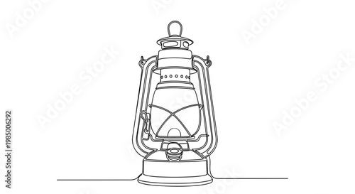 Continuous contour draft of antique hurricane lantern in monochrome black stroke on transparent background