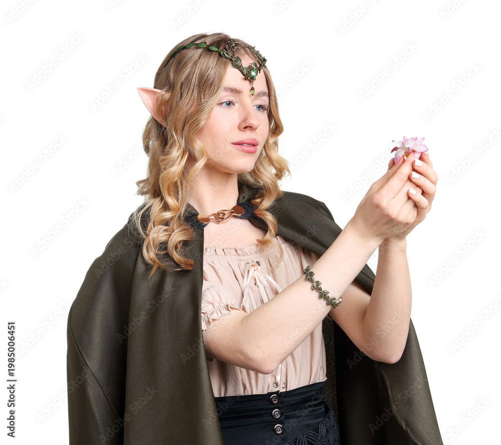 Fototapeta premium Beautiful elf girl with flower on white background