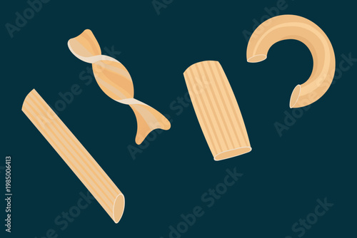 Set of different types of dry pasta isolated on dark background. Vector illustration of penne, fusilli, macaroni and rigatoni.