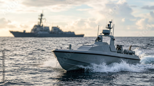 A patrol drone water type unmanned vehicle moves through ocean waves with a large warship in the background. The sky is bright with clouds as the sun sets. This scene shows naval operations