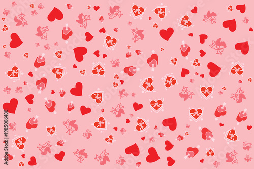 A delightful array of pixelated hearts scattered across a soft pink backdrop