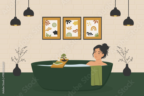 Young woman relaxing in green bathtub with bonsai and posters vector illustration.