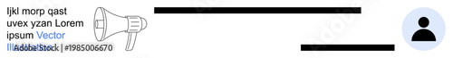 Marketing, communication strategies, identity, notifications, advertising, branding. Megaphone icon next to a user symbol and blank text space. Marketing and communication strategies concept