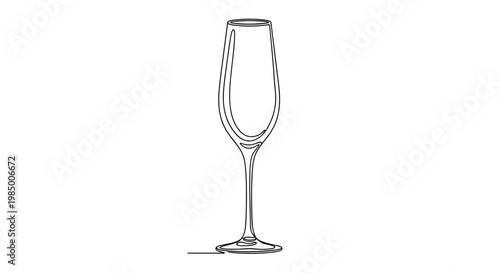 Empty champagne flute for celebration in minimalist continuous line art style on transparent background, wedding toast and luxury party glassware