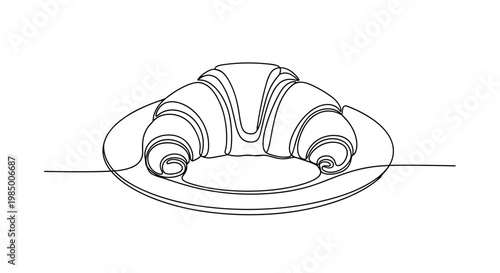 Buttery croissant on plate in minimalist continuous line art style on transparent background, French bakery breakfast and patisserie treat