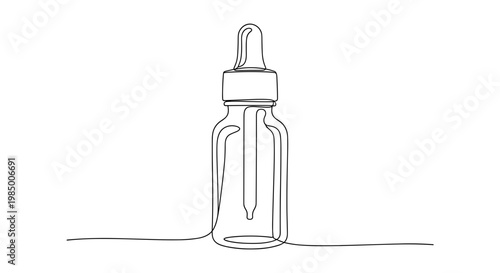 Dropper bottle for essential oils or serum in minimalist continuous line art style on transparent background, beauty skincare and apothecary product